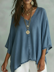 Women’s Loose Fit V-Neck Denim Shirt – Casual Relaxed Chambray Top