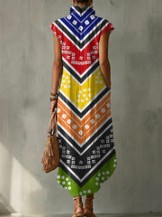 Colorful Exotic Totem Decorative Patterns Women's No Sleeve Bud Collar Linen Cotton Dress