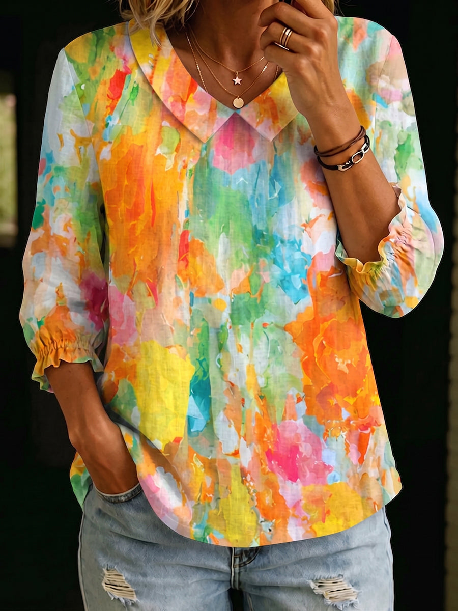 Artistic Watercolor Palette Print Peter Pan Collar Cotton-Linen Blouse