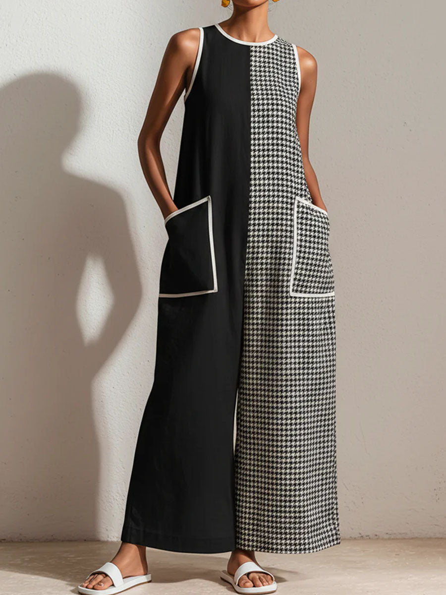 Women's Houndstooth Print Jumpsuit — Crew Neck Sleeveless Casual Loose-fit Cotton-linen Blend Wide-leg