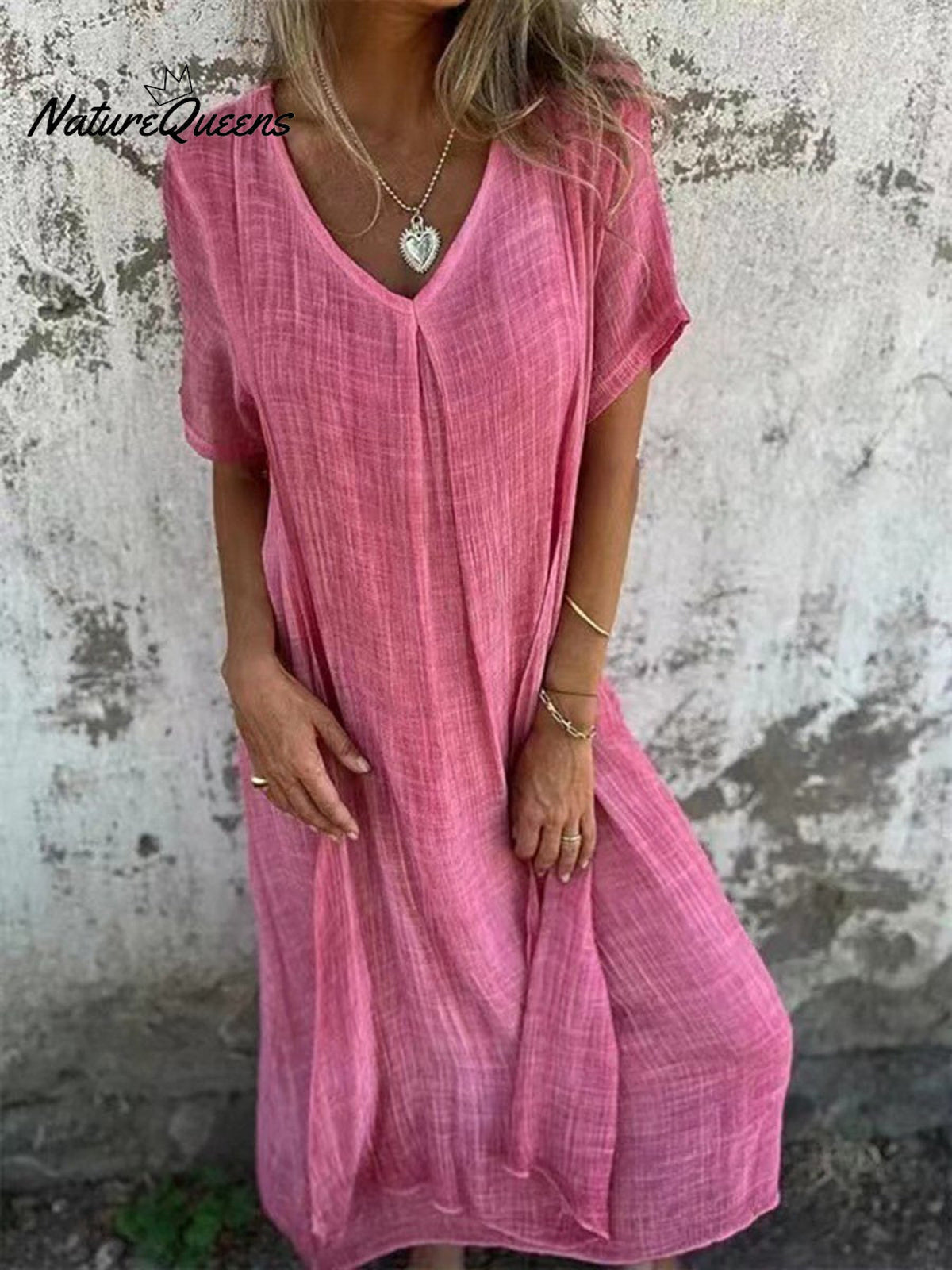 Stylish Cotton and Linen V-neck Dress