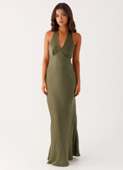 Robe longue en satin « Heavy Hearted » – Kaki