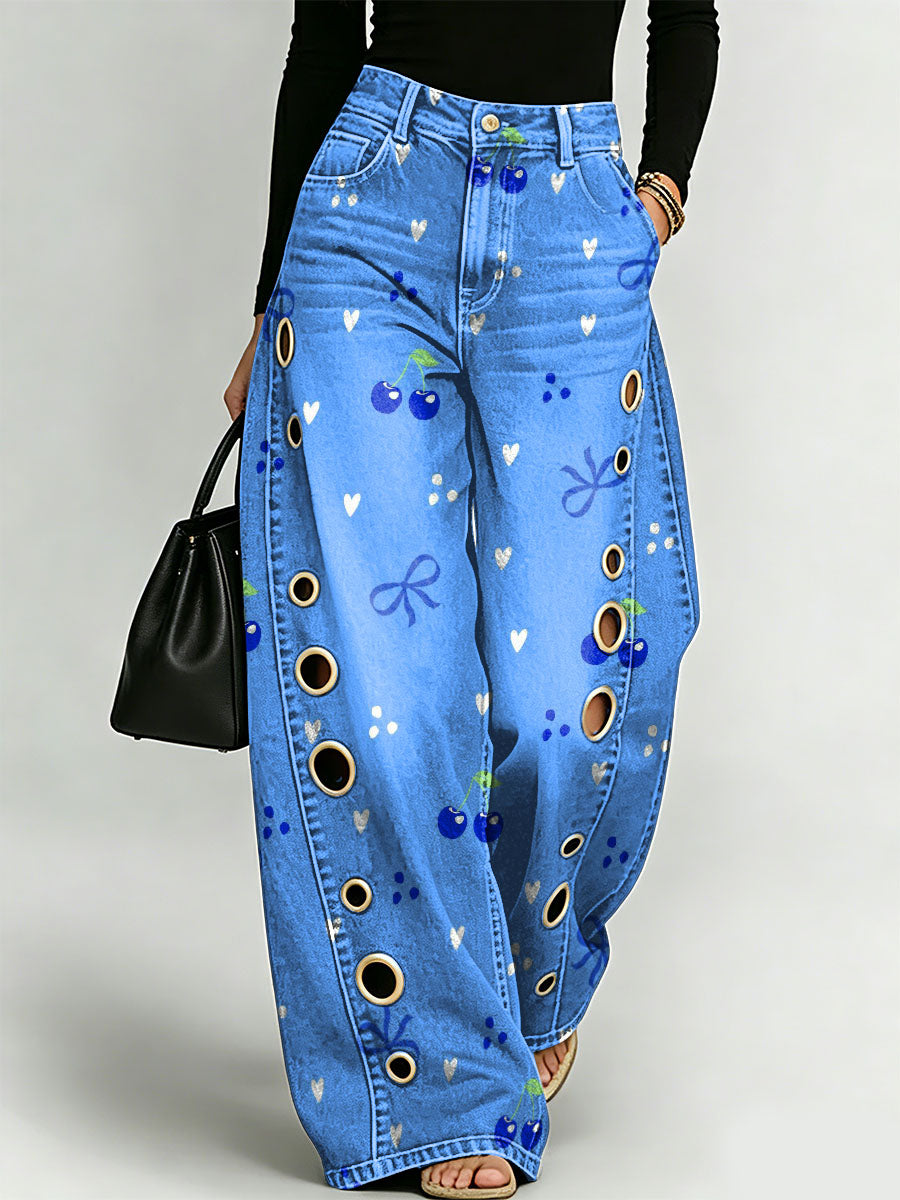 Vintage Cherry Decorative Pattern Women's Casual Cotton Denim Pants