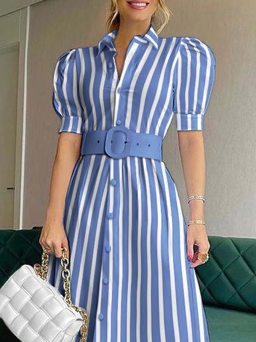 Women's Striped Art Casual Elegant Short Sleeve With Belt Long Dress
