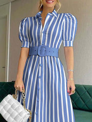 Women's Striped Art Casual Elegant Short Sleeve With Belt Long Dress