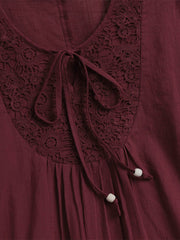 Lace-paneled Cotton-linen Top With Tie Detail — Loose-fit, Three-quarter Sleeve, Cotton-feel Fabric