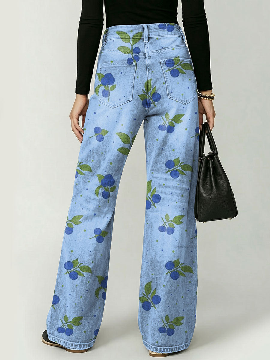 Blueberry Decorative Pattern Women's Casual Cotton Denim Pants