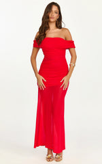 Robe longue Victoria - Robe évasée et ajustée à épaules dénudées de couleur rouge