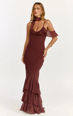 Robe longue Riley - Robe longue asymétrique à volants couleur chocolat