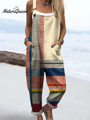Women's Abstract Geometric Line Pattern Art Print Casual 100% Cotton Wide Leg Jumpsuit
