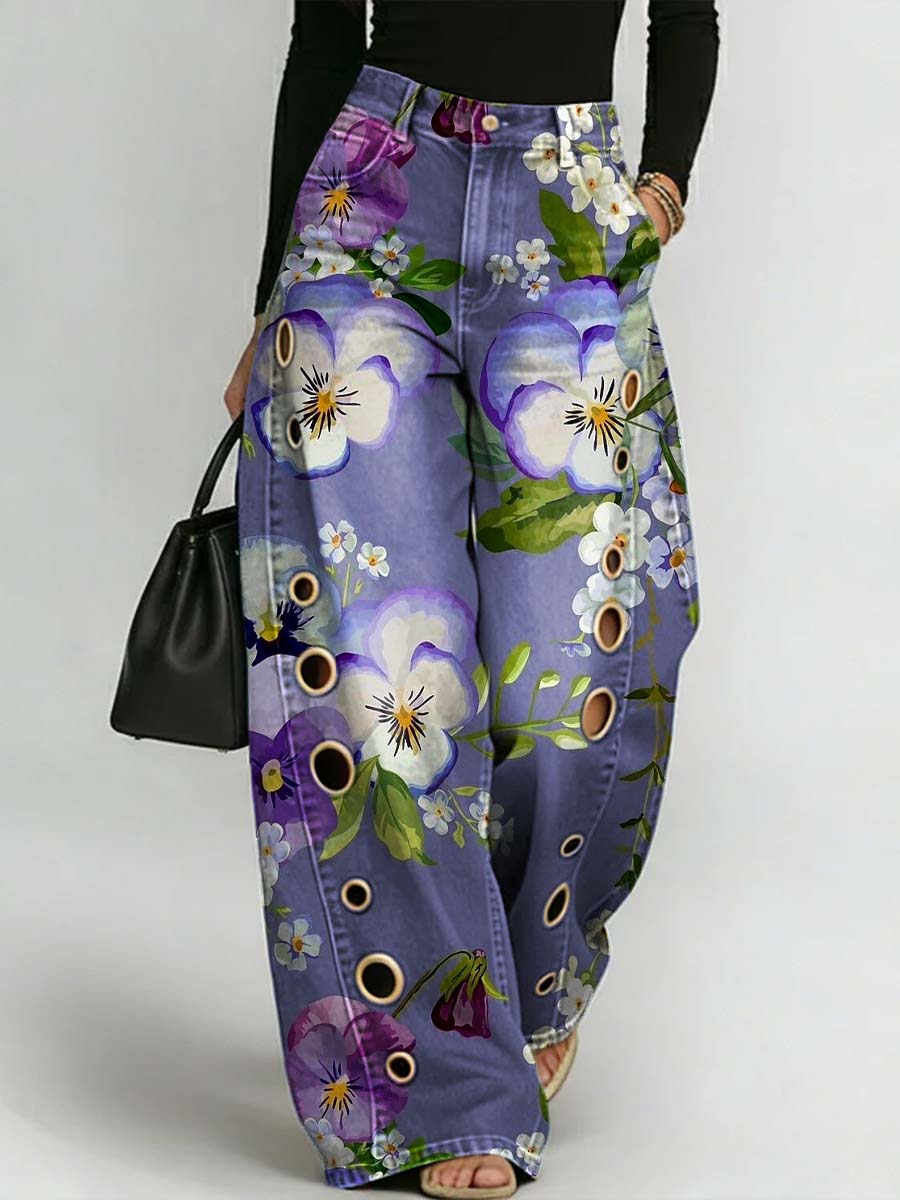 Women's Retro Floral Art Print Casual Stylish Hollow Denim Pants