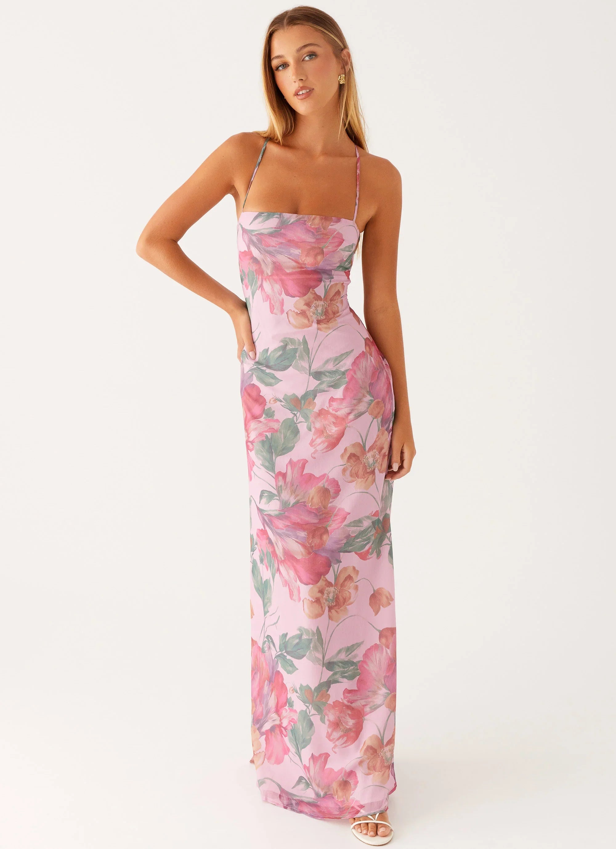 Robe longue Peggy - Imprimé fleuri rose