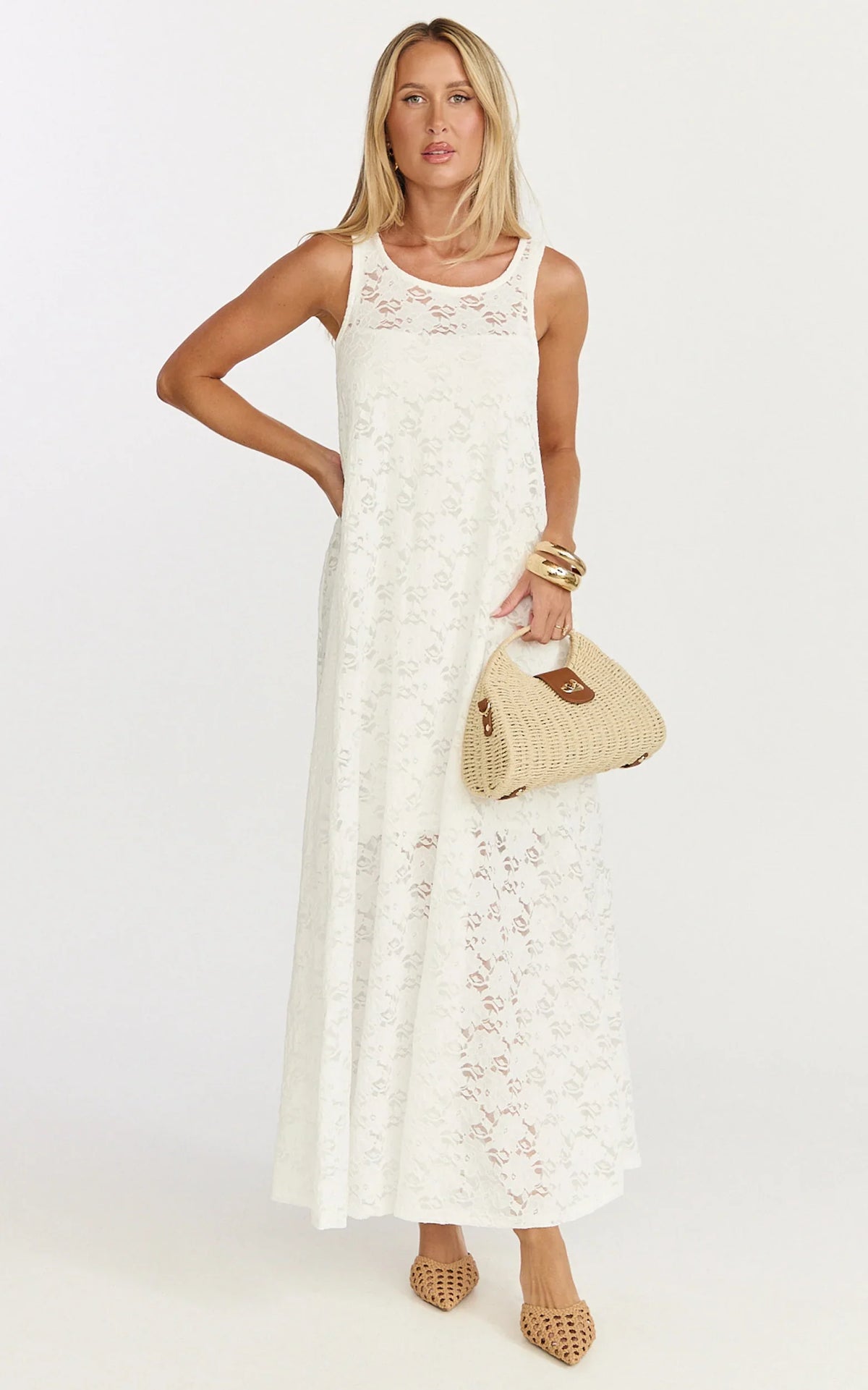 Robe longue Bella – Robe droite en dentelle blanc cassé
