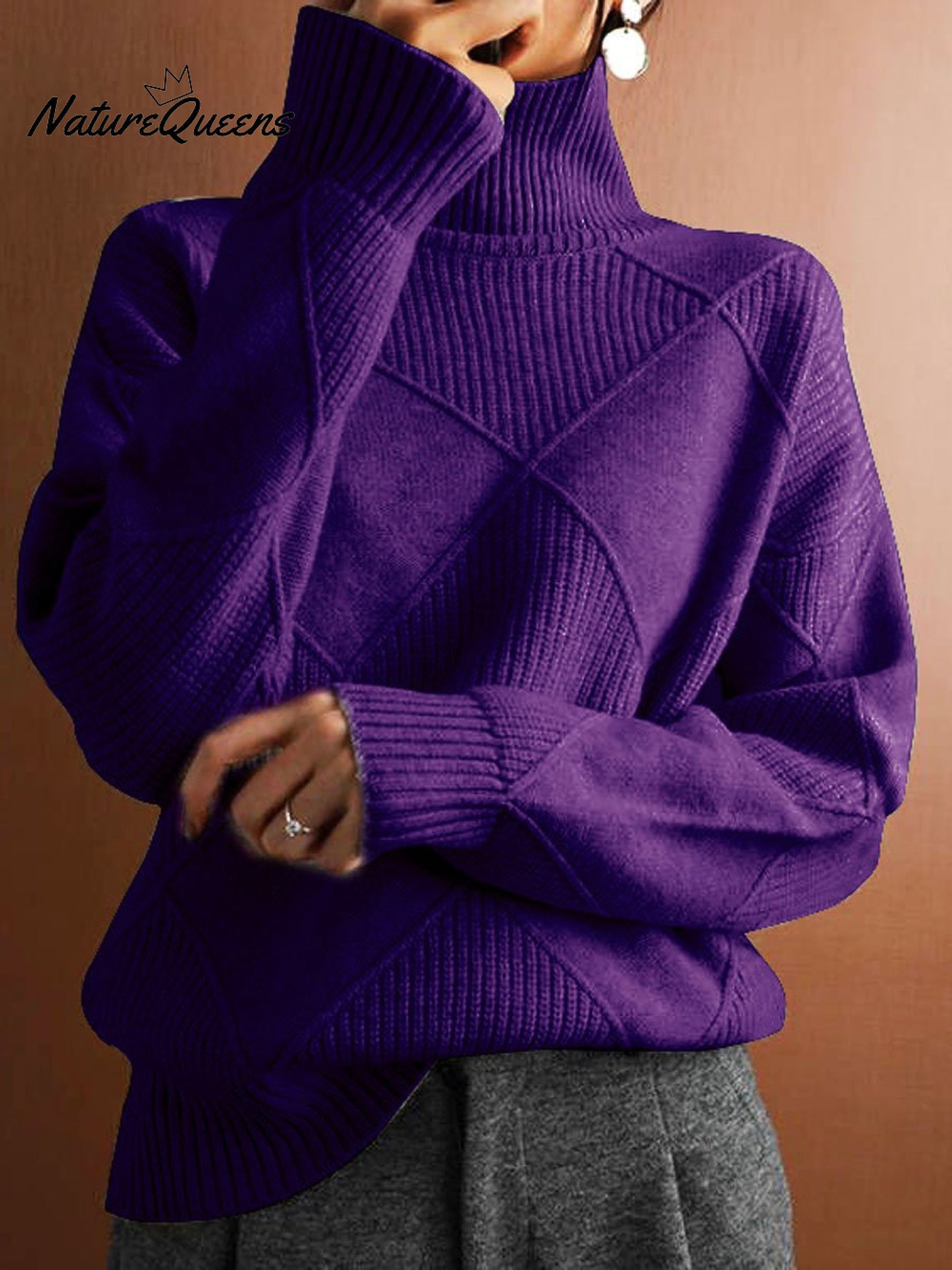 Women's Solid Color Stylish Long-sleeved Loose turtleneck Warm Casual Knitted Sweater