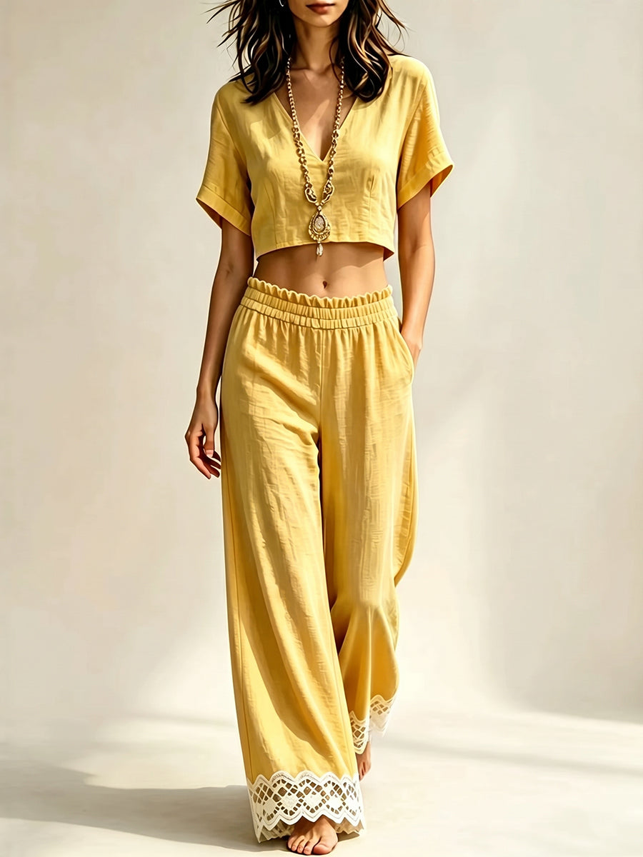 Women's V-neck Short-sleeve Top And Lace-trimmed Pants Set