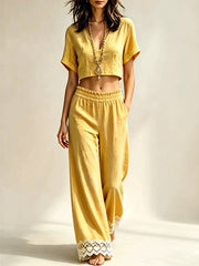 Women's V-neck Short-sleeve Top And Lace-trimmed Pants Set