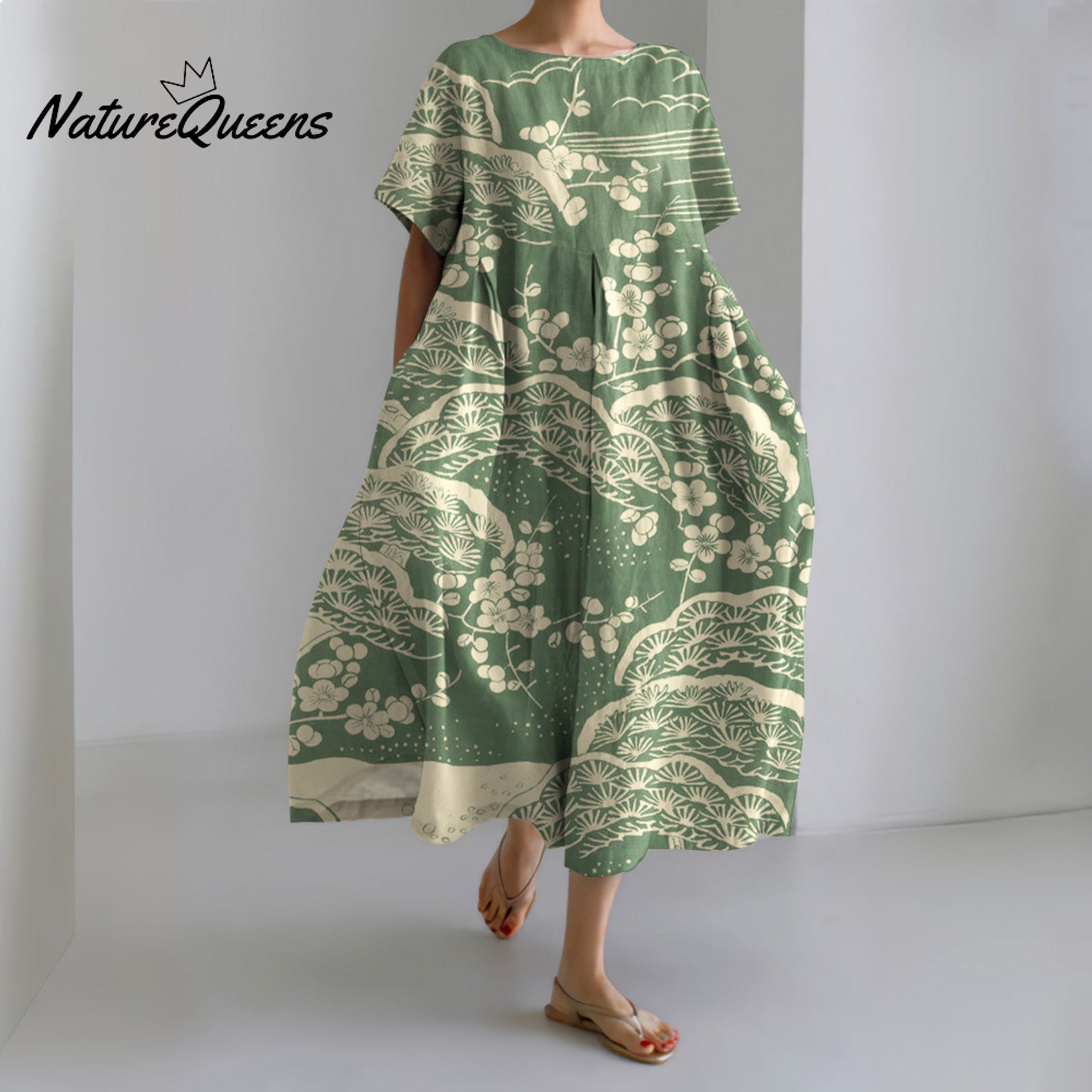 Japanese Art Plum Blossom Printed Crew Neck Casual Midi Dress