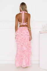 Robe longue à volants et licou Tropical Bloom rose