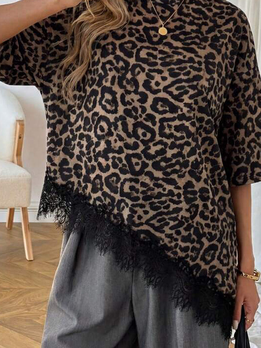 Women's Loose-fit Short-sleeve T-shirt With Leopard Print And Lace Splicing