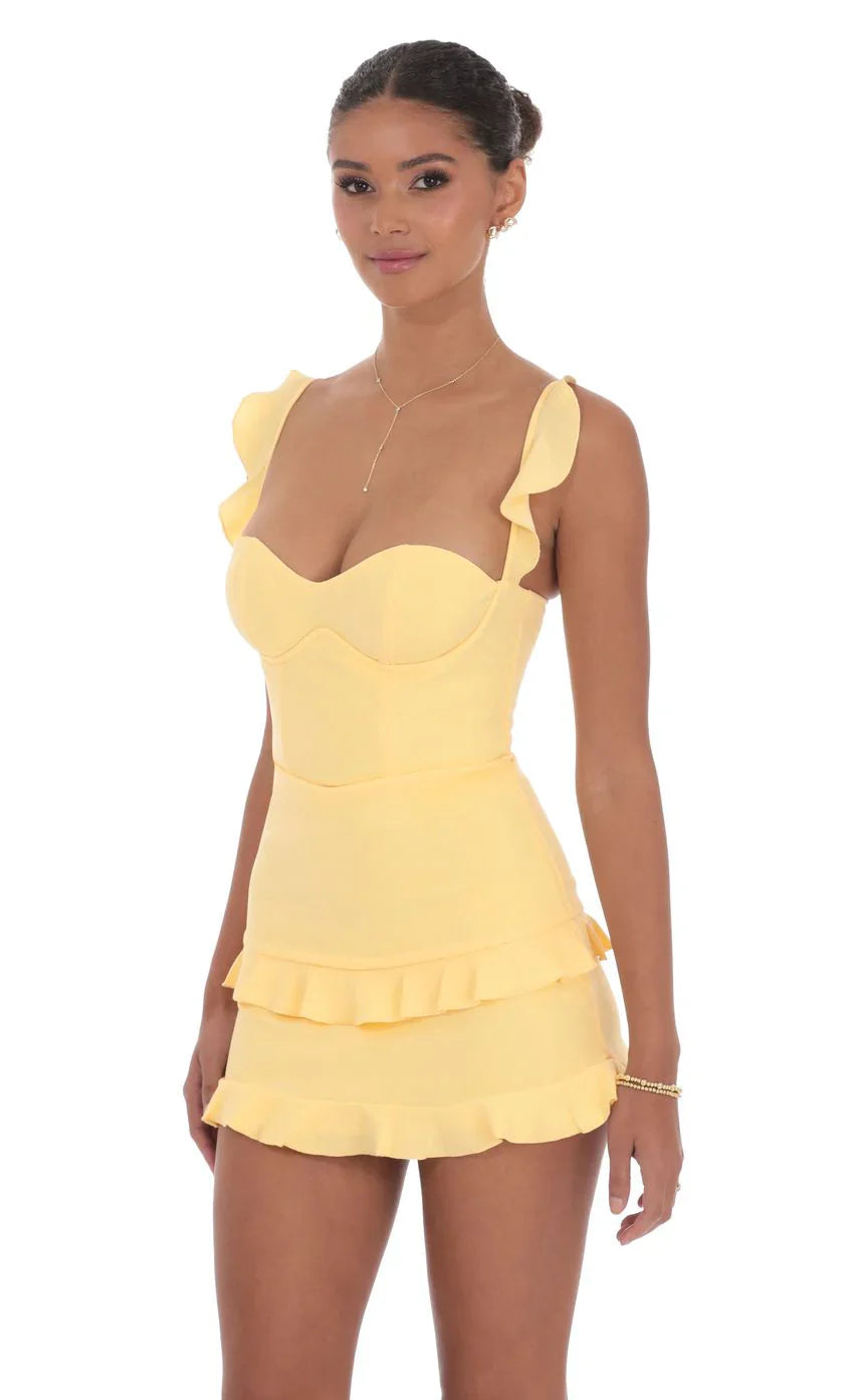 Robe corset à volants jaune