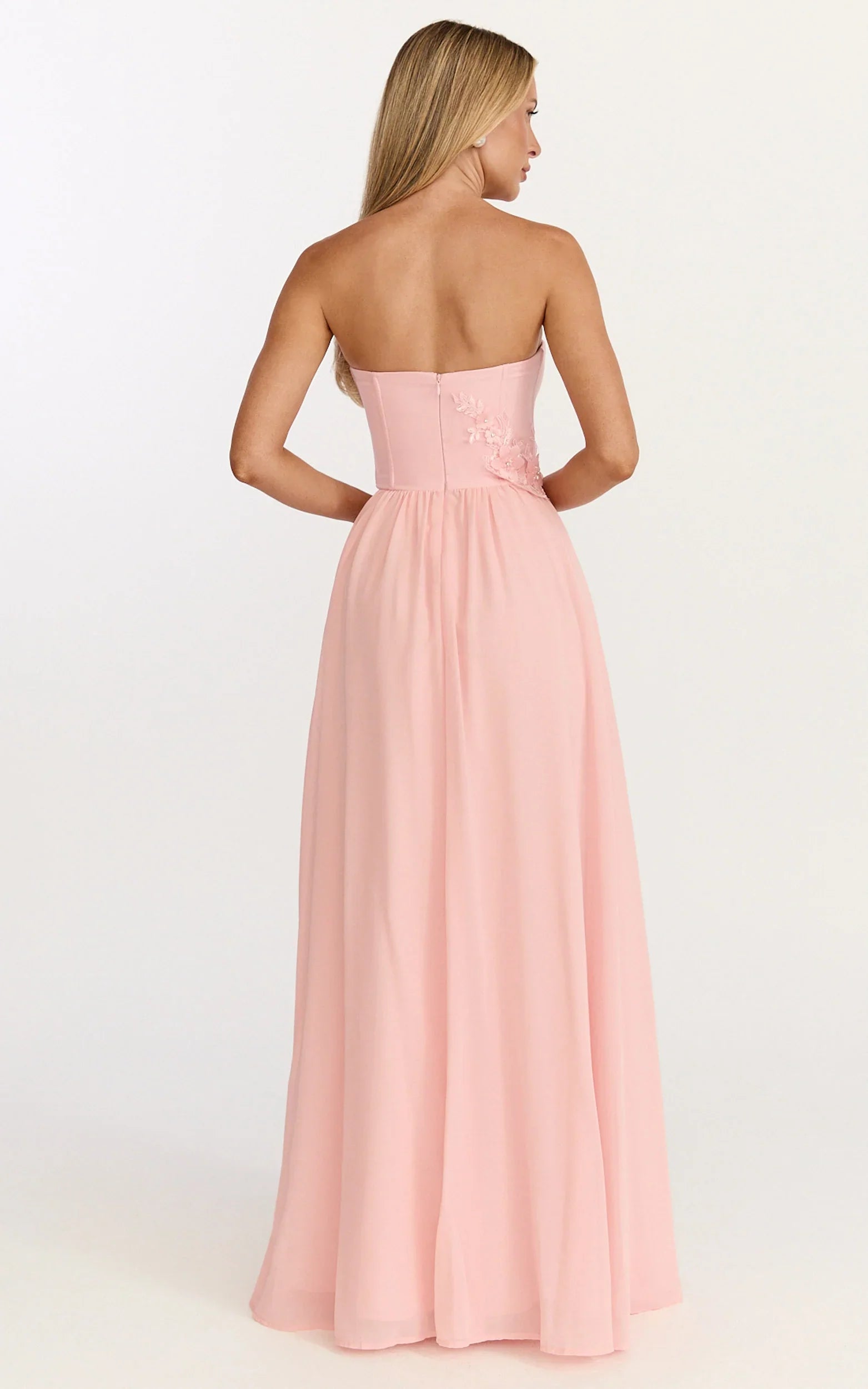 Robe longue Penny - Robe bustier corset ornée de fleurs rose pâle