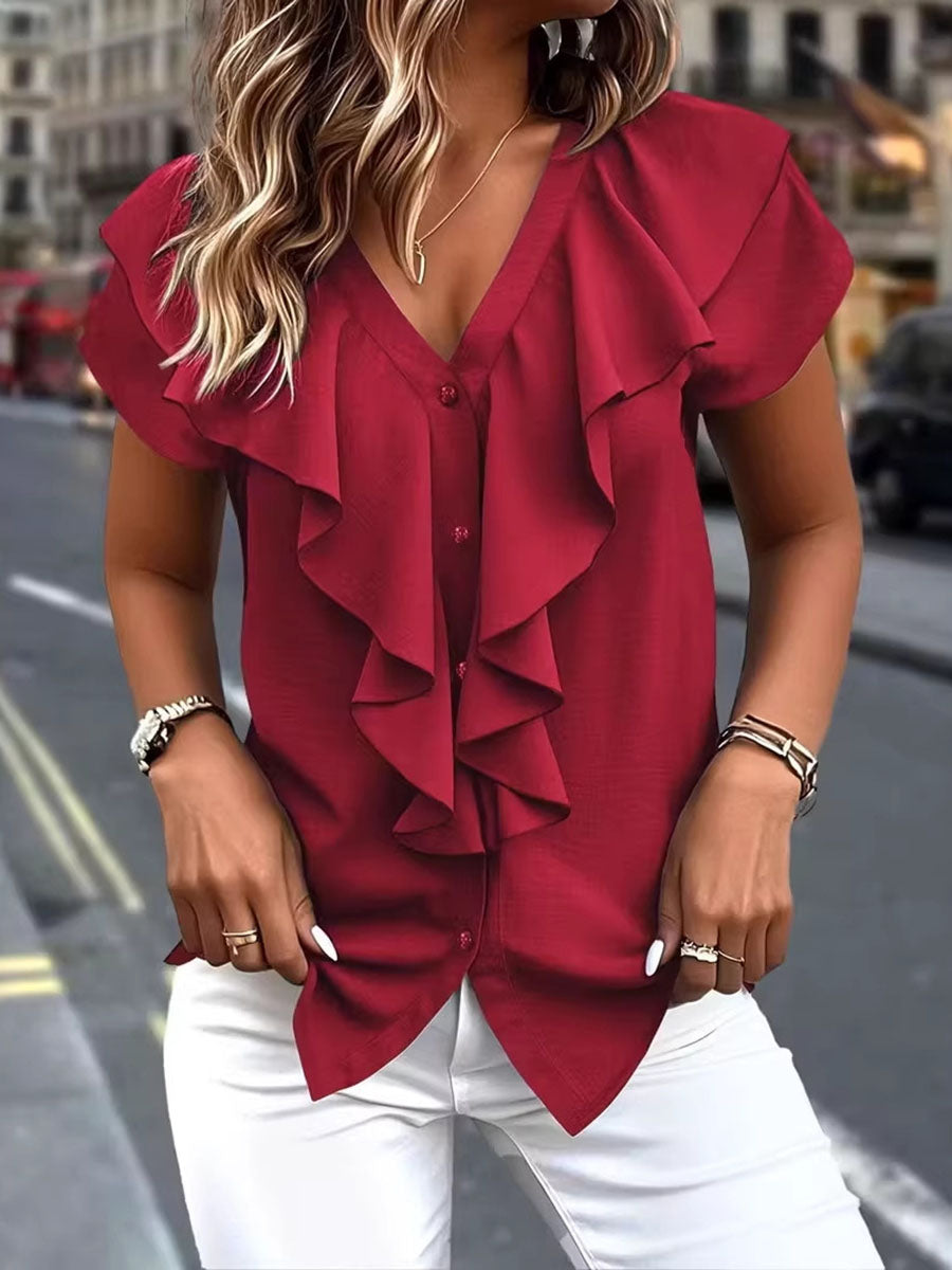 Women's Solid-color V-neck Short-sleeve Casual Loose Ruffled Top