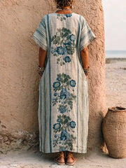 Women's Casual Loose Cotton-linen Dress With V-neck Short Sleeves And Placement Print