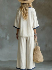 Women's Solid-color V-neck 1/2 Sleeve Cotton-linen Top And Pants Set