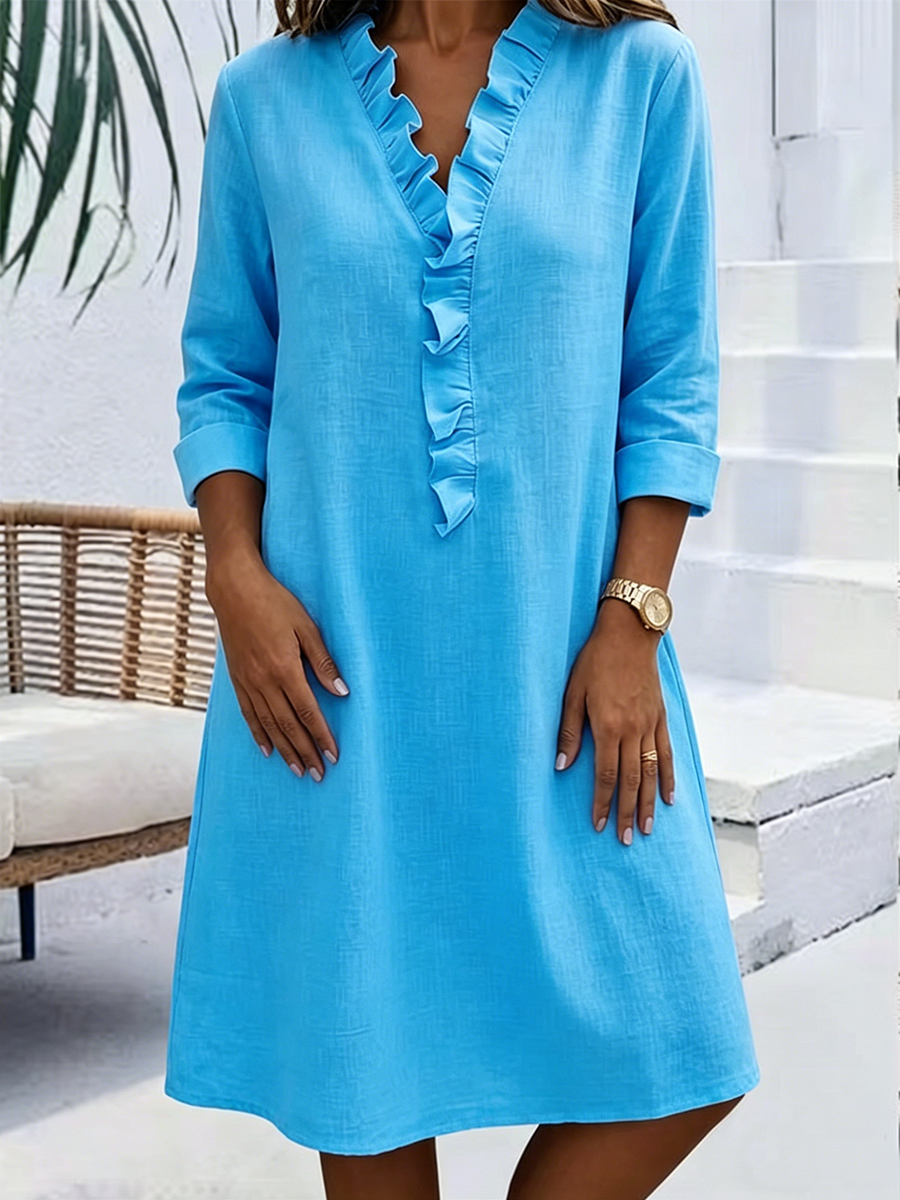 Cozy Ruffled-collar Cotton-linen Midi Dress