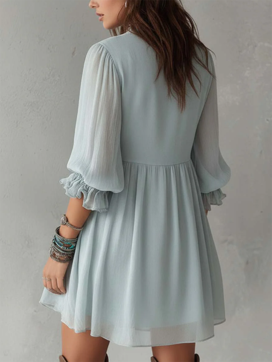 Elegant Lace Trim Pleated Chiffon Dress With Puff Sleeves