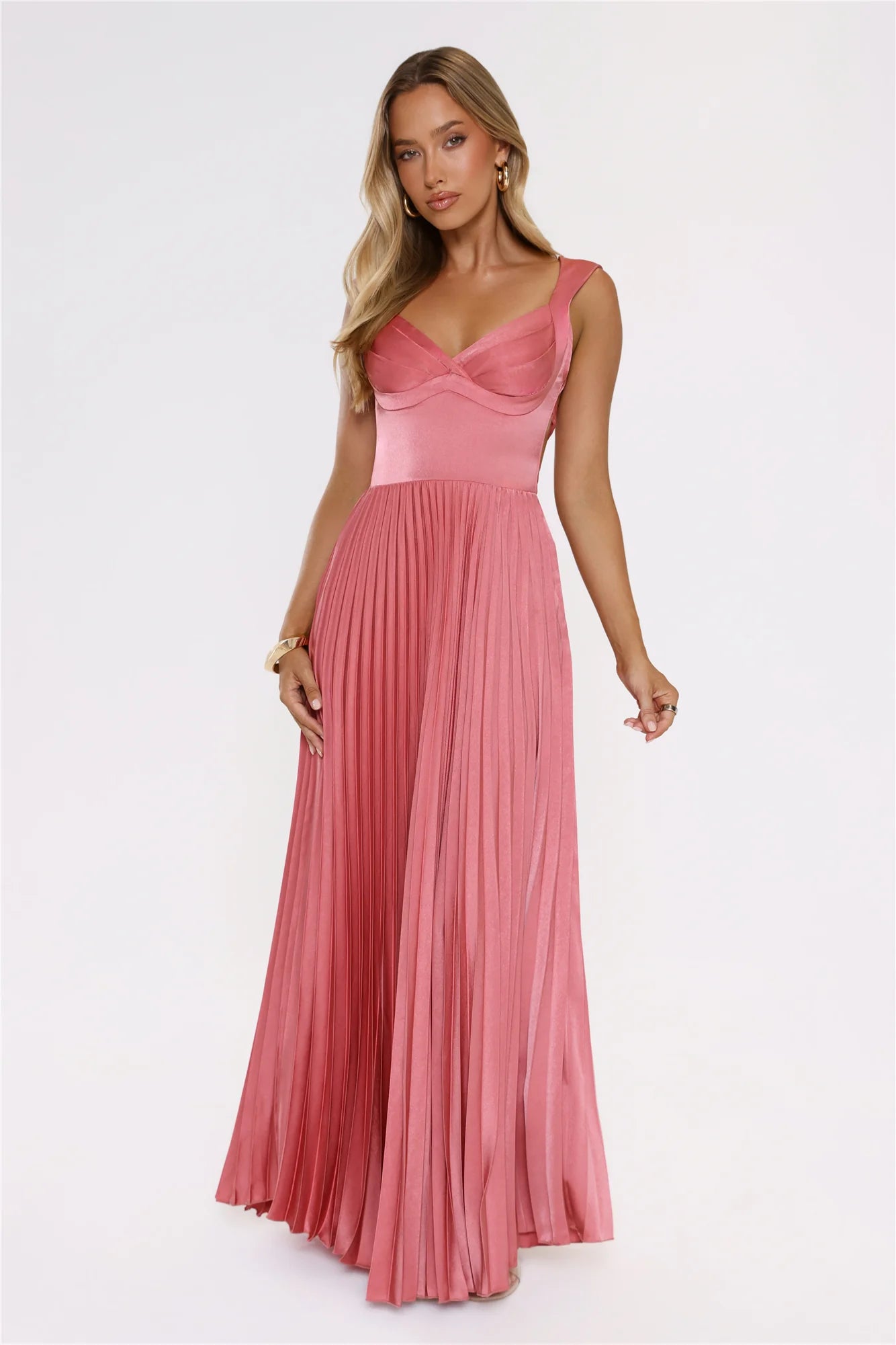 Robe longue plissée Satin Glow Rose