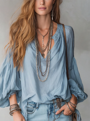Cozy Retro Cotton-linen Shirt With Lantern Sleeves