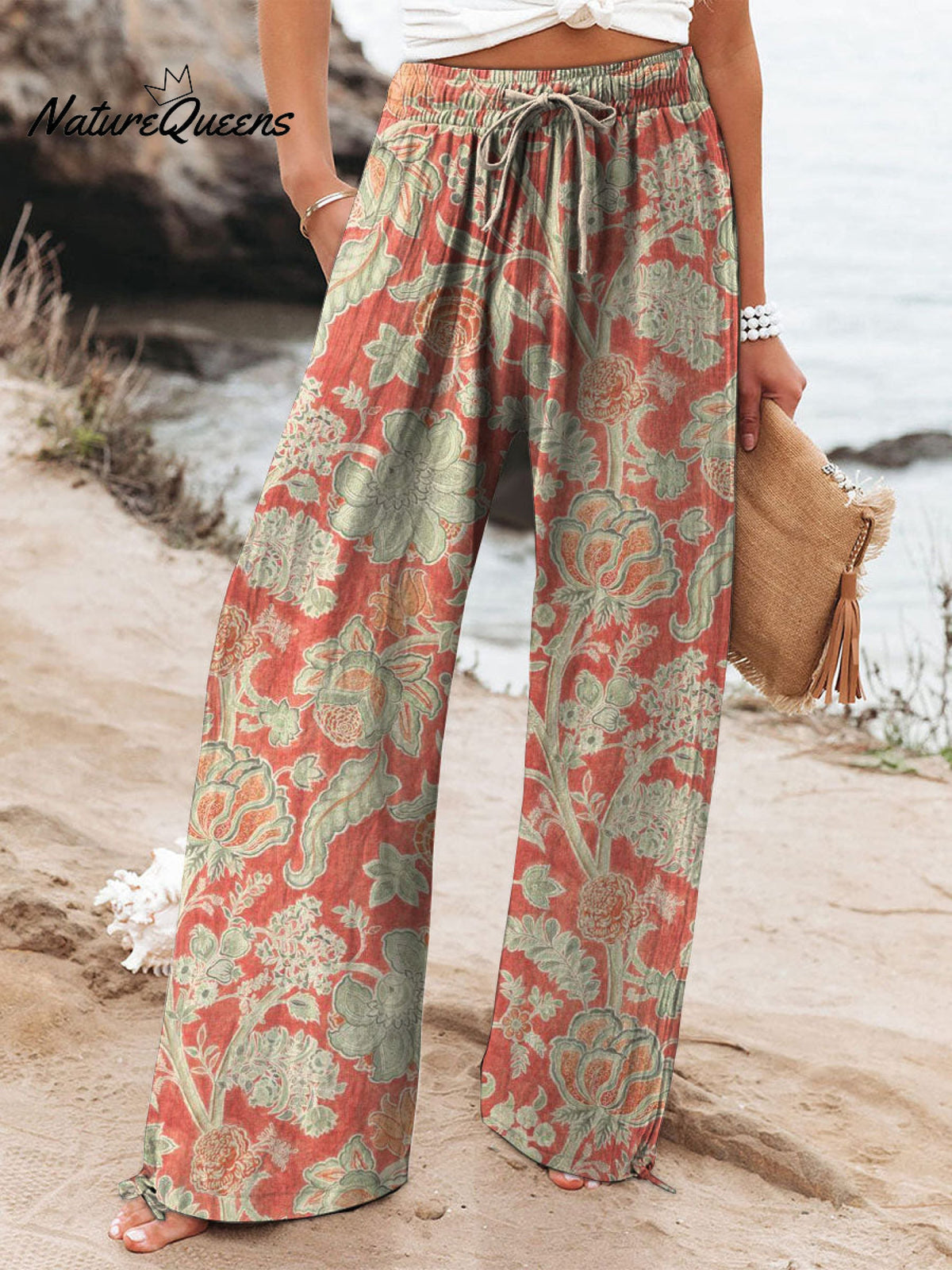 Women's Vintage Lovely Floral Art Printed Cotton And Linen Casual Pants