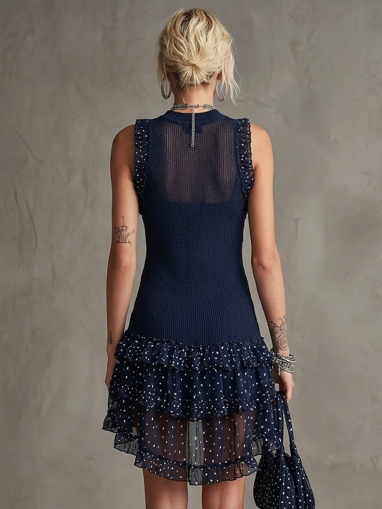 Cozy And Elegant Spliced polka-dot Chiffon & Knit Mini Dress