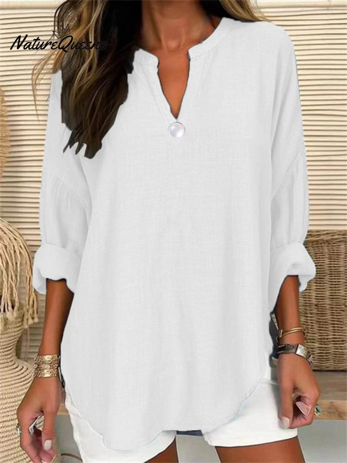 Women's Retro Casual V-Neck Solid Color One-Button Top