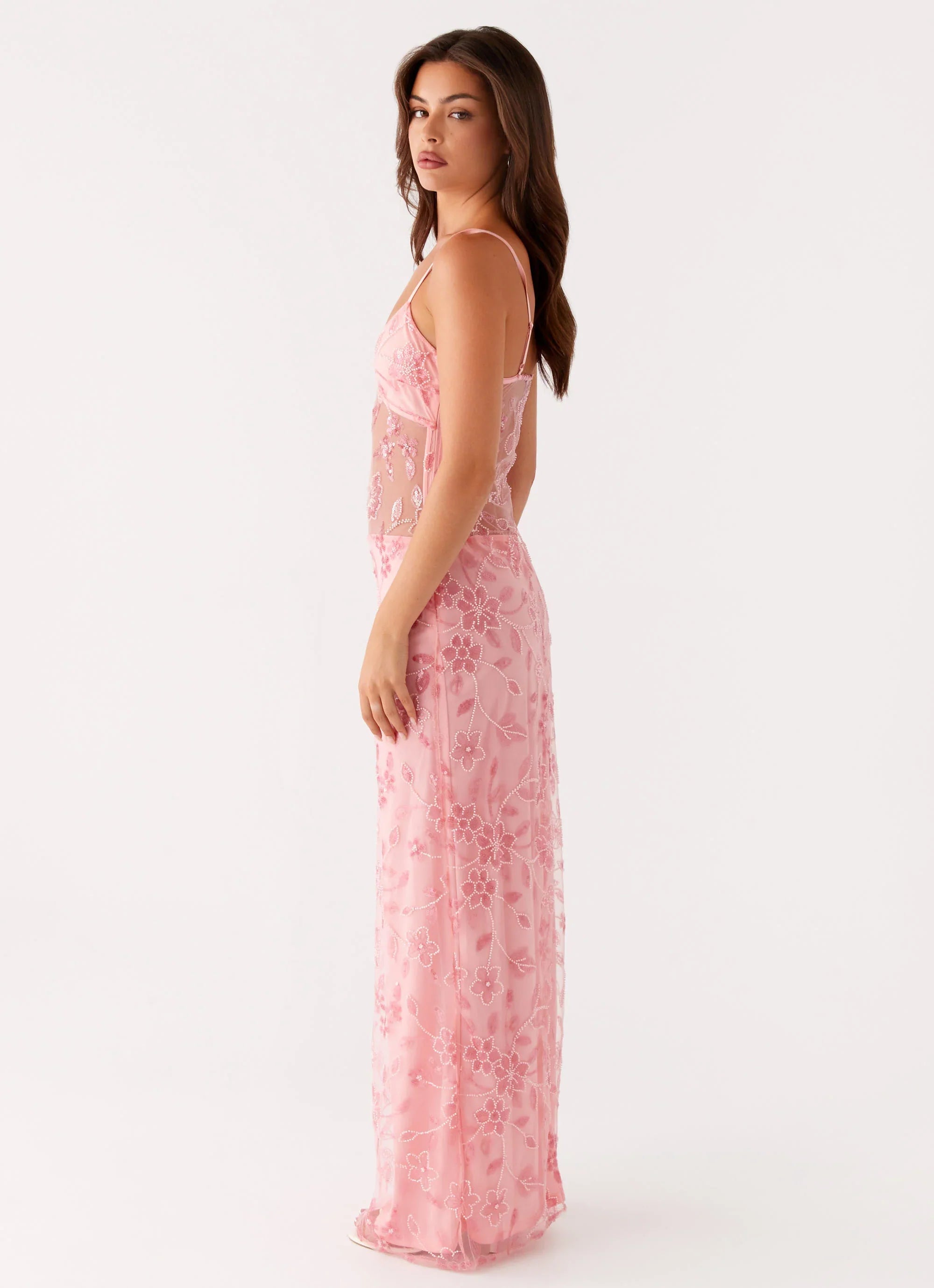 Robe longue perlée Akira - Rose orangé