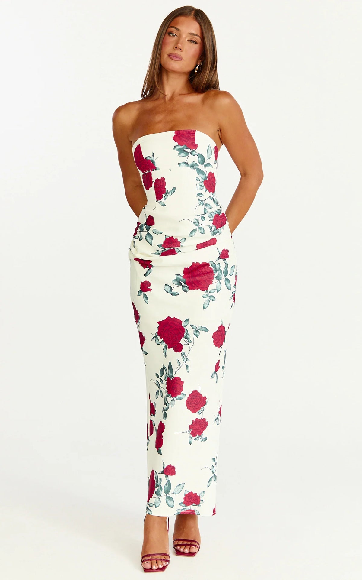 Robe Midi Dahlia - Robe Ajustée Drappée Sans Bretelles à Taille Drapée Imprimé Rose Écarlate
