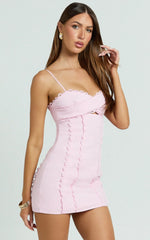 Robe Gigi Mini en mélange de lin - Robe rose à encolure en cœur, dos noué et détails festonnés