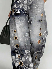 Women's Retro Floral Art Print Casual Stylish Hollow Denim Pants