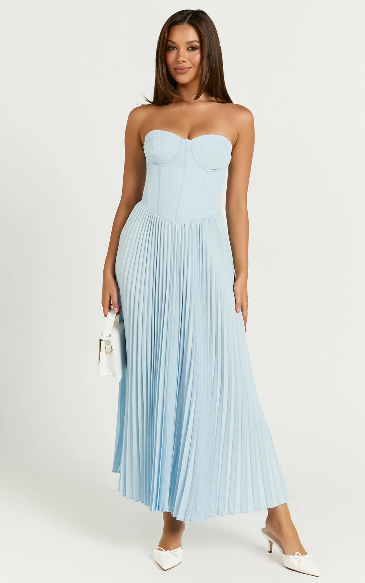 Robe midi Loretta - Robe plissée bustier à lacets au dos, bleu clair