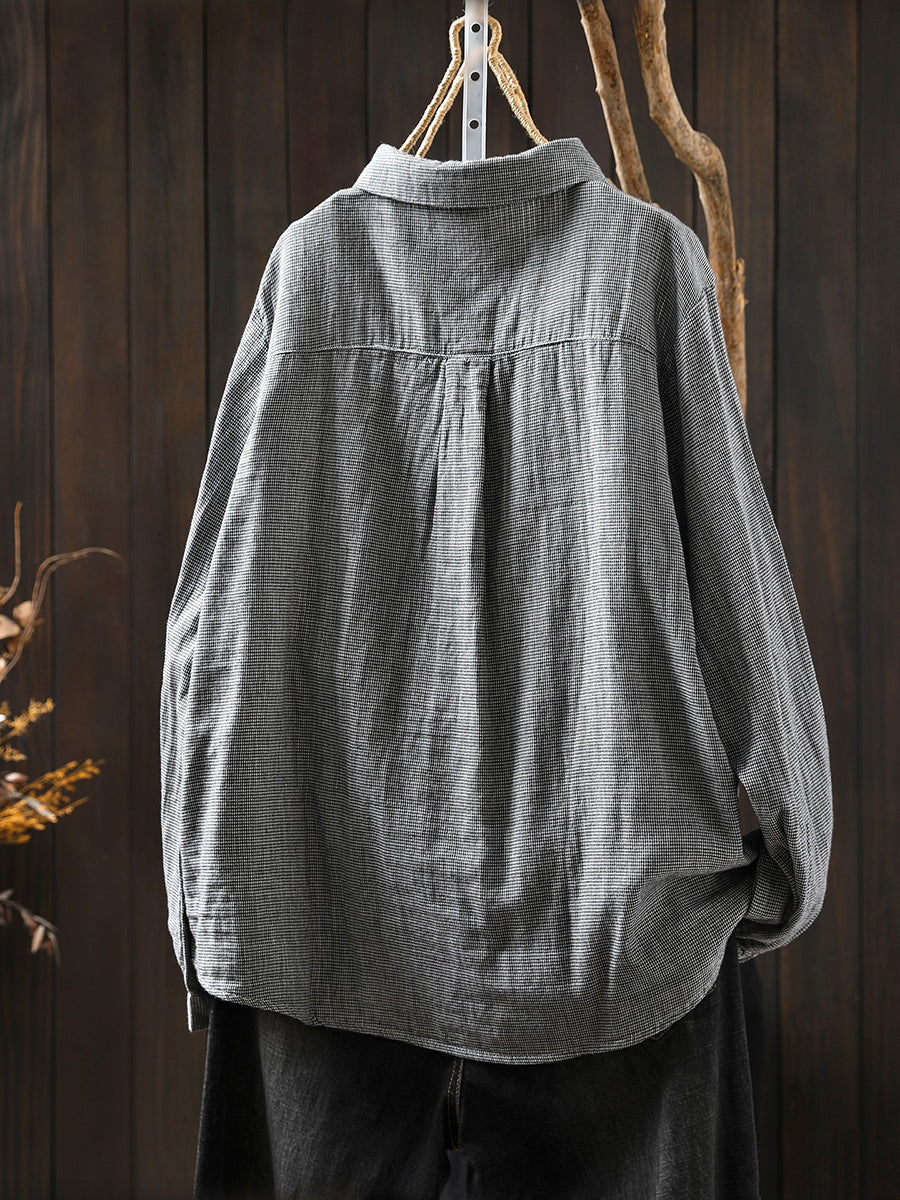 Women Spring Vintage Lattice Patchwork 100%Cotton Shirt