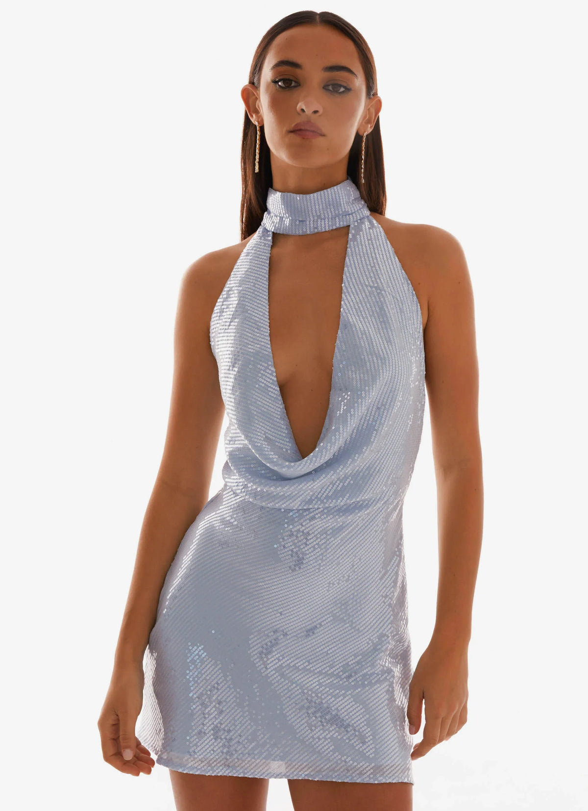 Robe Courte Nora à Col Bénitier Pailleté - Bleu
