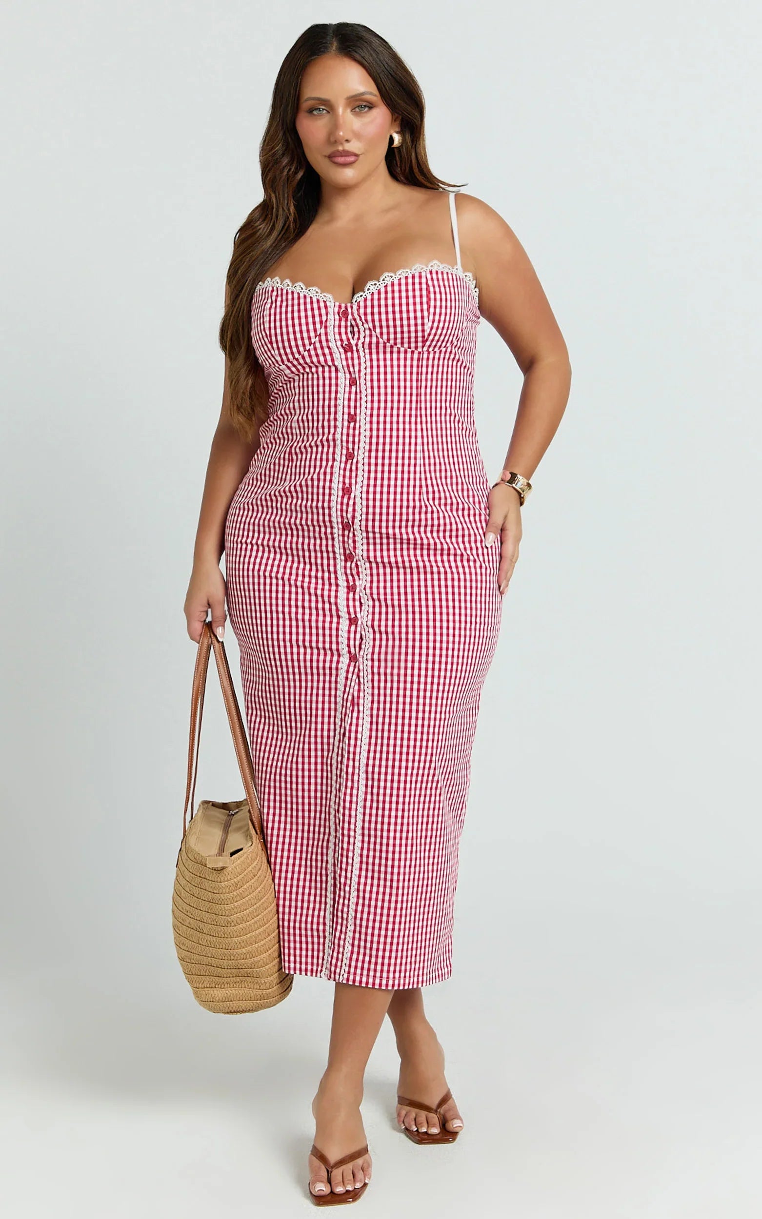Robe longue Anessa - Robe bustier ajustée boutonnée sur le devant en vichy rouge