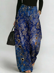 Women's Retro Floral Art Print Casual Stylish Hollow Denim Pants