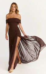 Robe longue Florence – Robe bustier à jupe transparente couleur chocolat