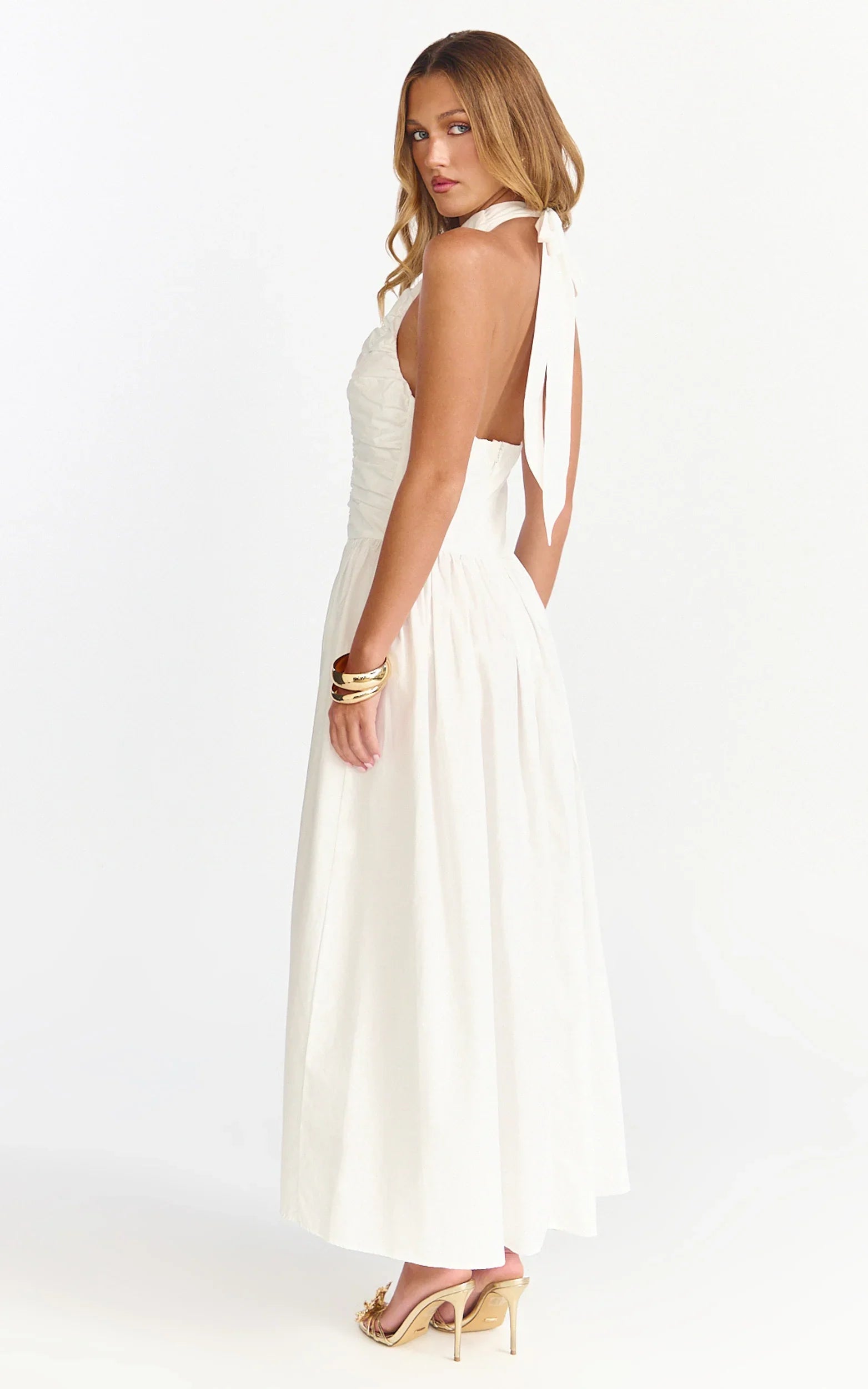 Robe midi Anya - Robe blanche dos nu froncée à taille basse