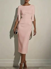 Women's Solid-color Round-neck 3/4-sleeve Casual Slim-fit Dress