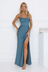 Robe longue en satin formelle Rêve sarcelle