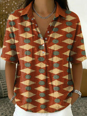 Women's Retro Color-block Geometric Print Cotton-linen Short-sleeve Shirt