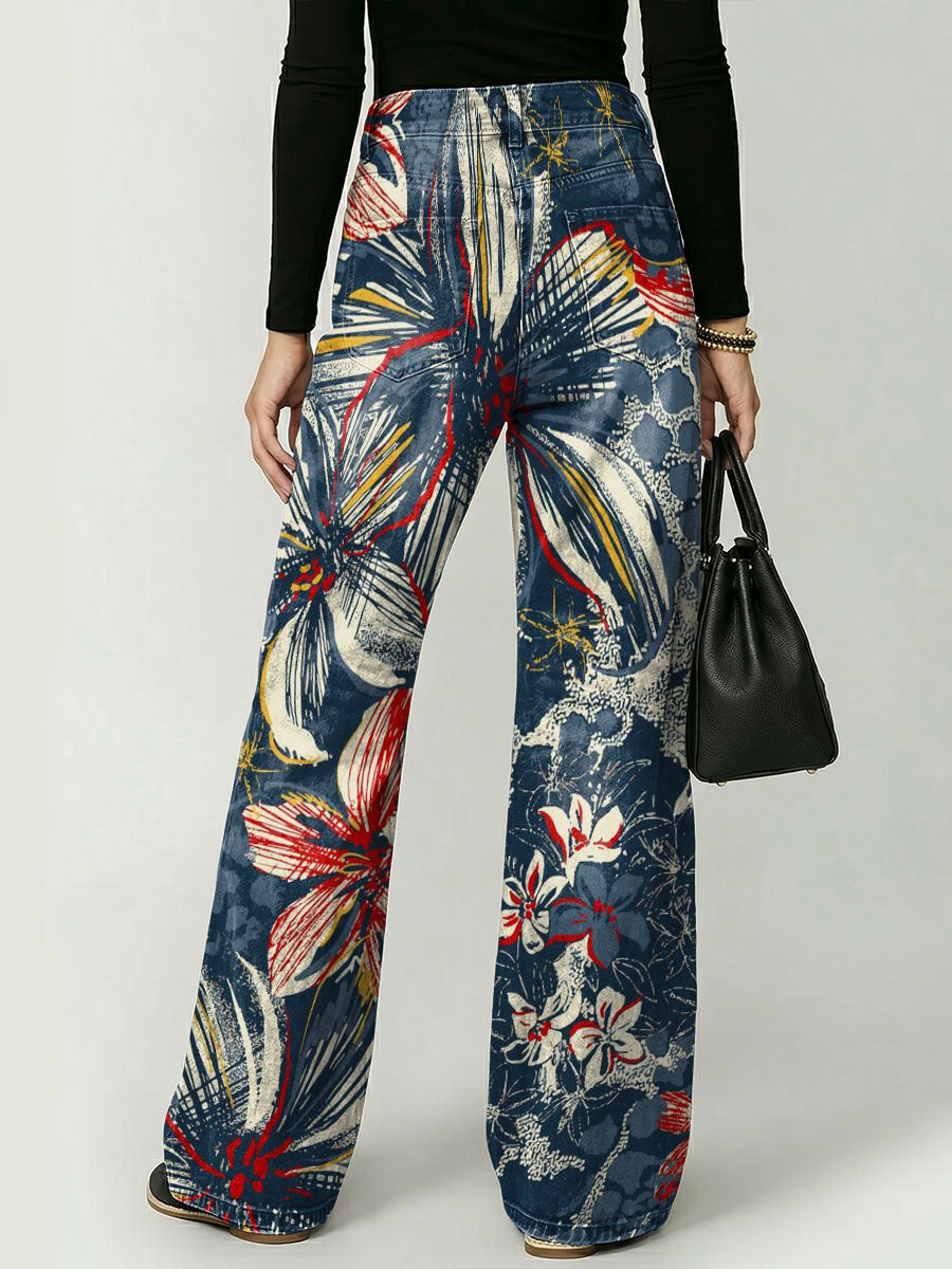 Elegant Floral Decorative Patterns Women's Cotton Denim Pants